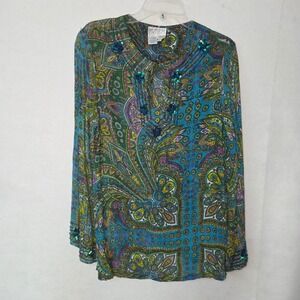 Lew Magram Collection Paisley Beaded Sequin Tunic Top Teal Green Purple L 6657
